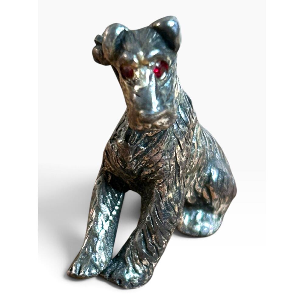 Vintage Silver Tone Terrier Dog Brooch Pin Red Rhinestone Eyes Figural 1960s - Picture 2 of 8